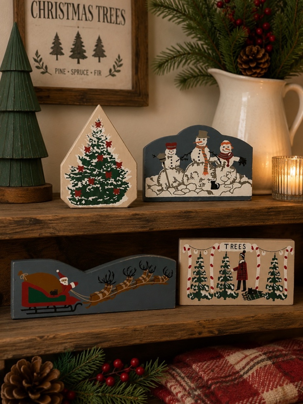 Cat’s Meow Christmas Lot of 4 Santa Sleigh Snowmen Tree Farm Wood Shelf Sitters
